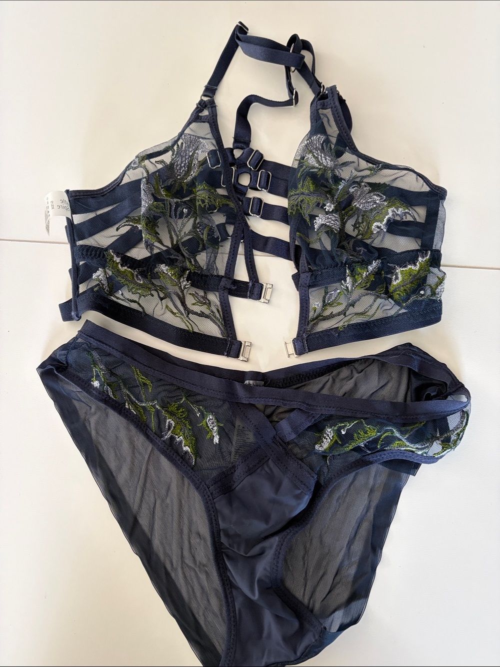 Thistle and Spire Navy Sheer Embroidered Bralette & Bikini Set
